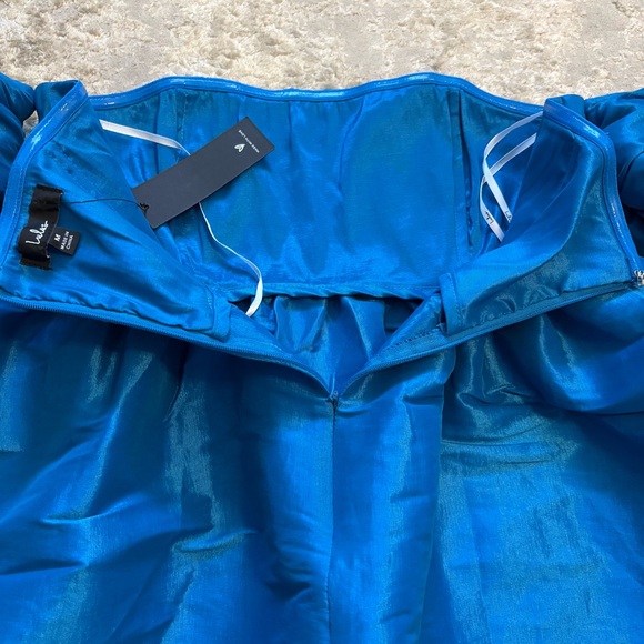 Lulus Sweet Vision Blue Taffeta Off The Shoulder Babydoll Mini Dress Size Medium - Picture 13 of 14